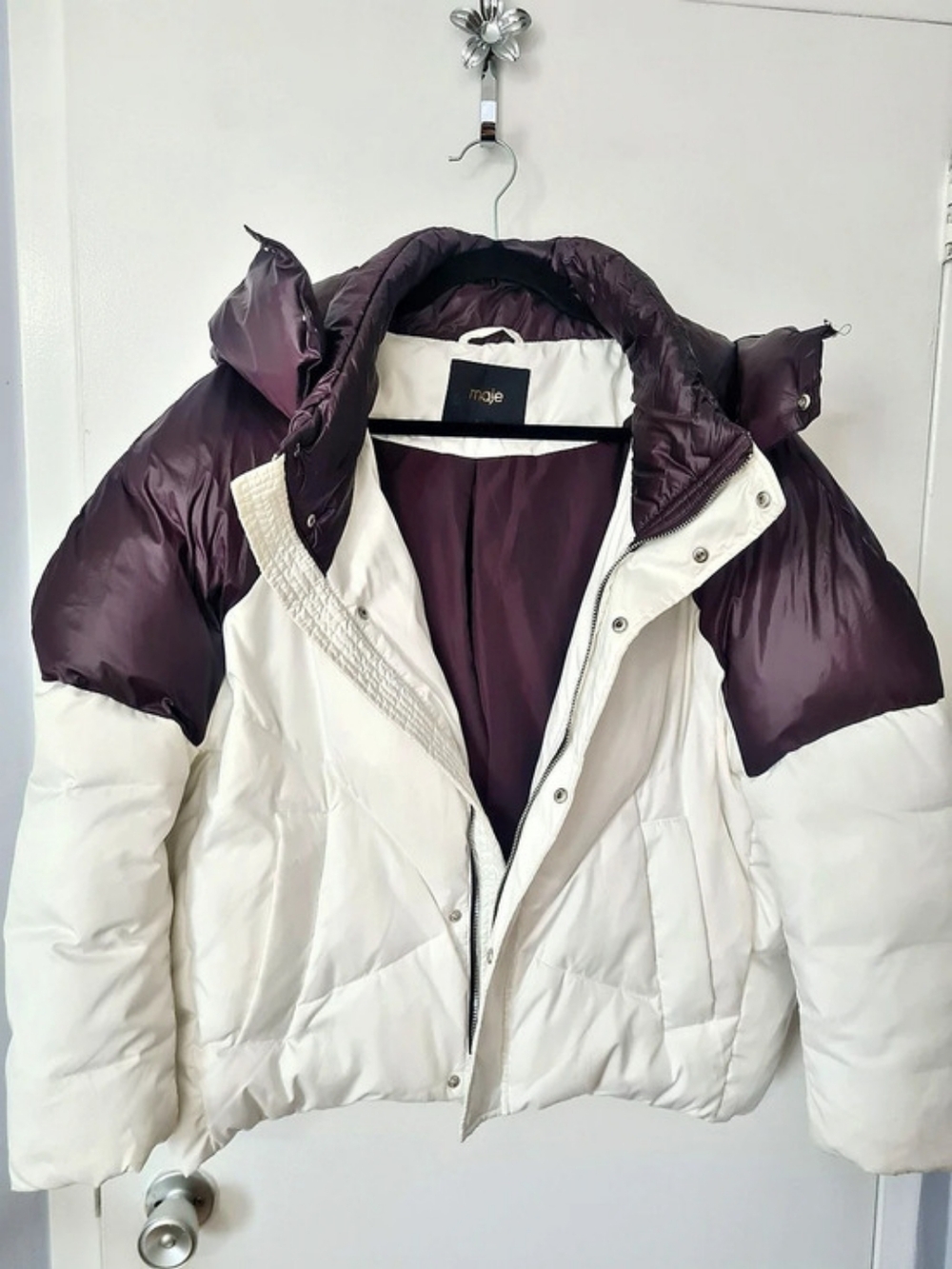 Maje Color Block Puffer Jacket in White & Burgundy
